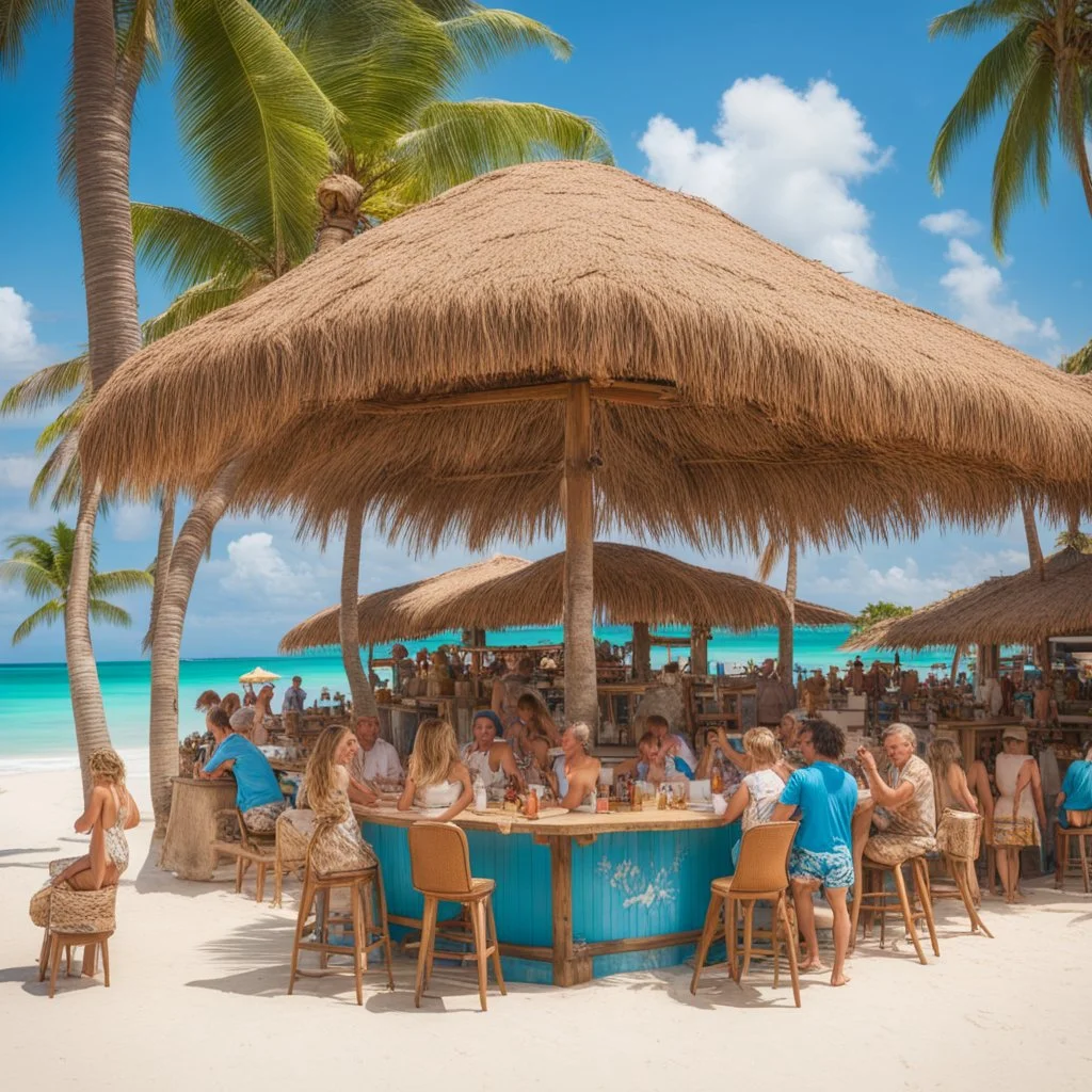 thatched awning tropical beach bar with a coconut Jimmy Buffet theme, busy with tourists in Hawaiian shirts, white sand and coconut trees in background, azure blue water