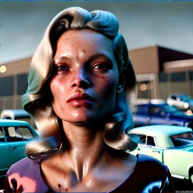 Ultra Realistic retro sci-fi, Supermarket parking scene, 1960 year, blonde woman, sweet young Kate moss face, x rays eyes, face makeup, tight latex coat; many panic people, Retro sci-fi style, soft color, highly detailed, unreal engine 5, ray tracing, RTX, lumen lighting, ultra detail, volumetric lighting, 3d, finely drawn, high definition, high resolution.