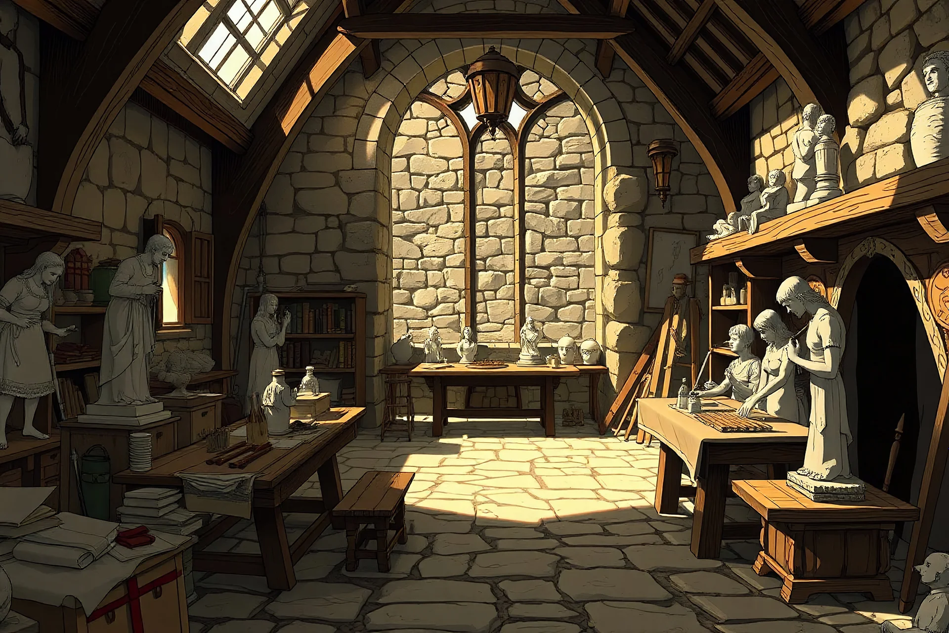 Medieval sculptor's workshop in anime style