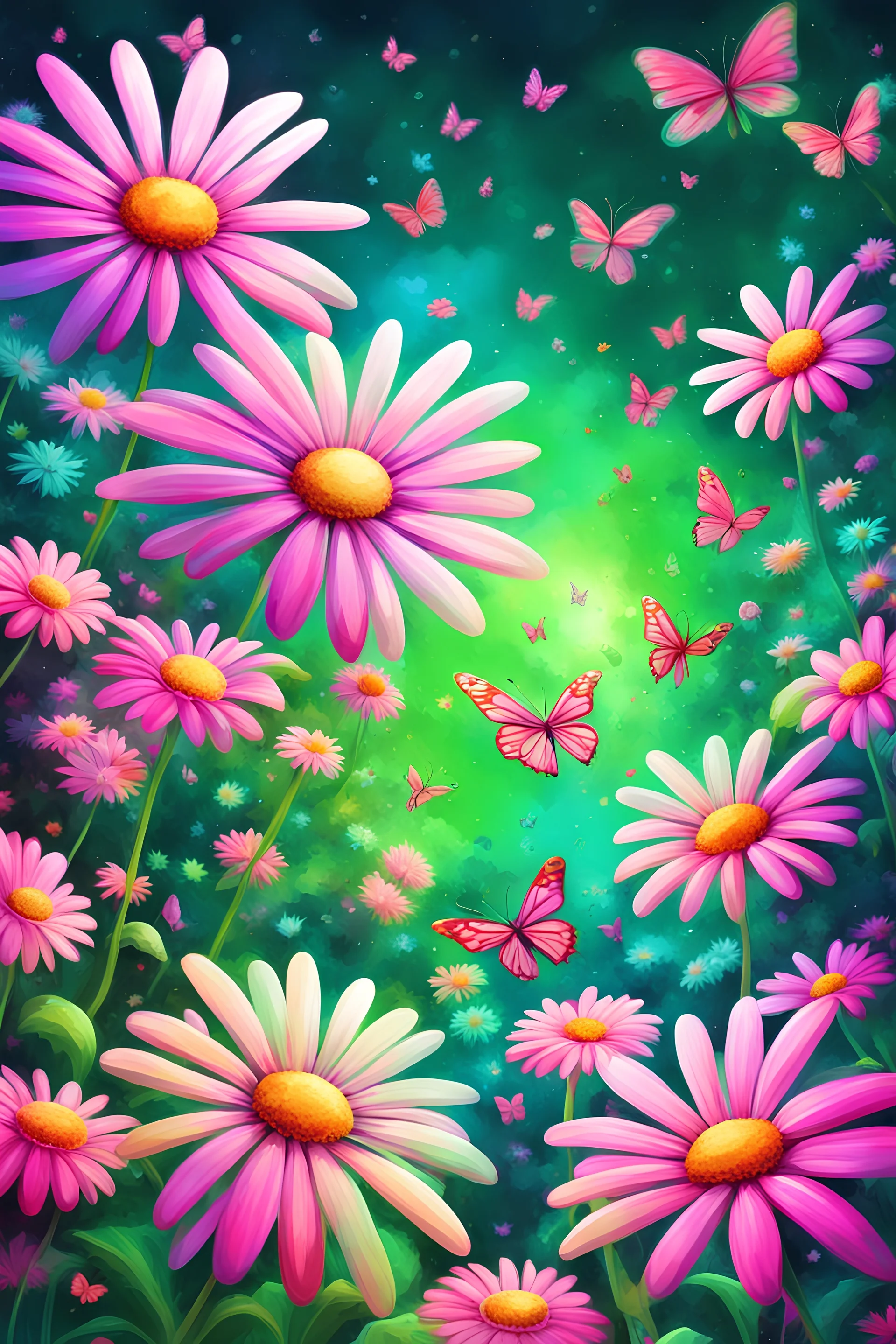 vibrant psychedelic wartercolor painting image, airbrush, 64k, cartoon art image of background GREEN AND PINK FLYING DAISIES and butterflies, futurism style