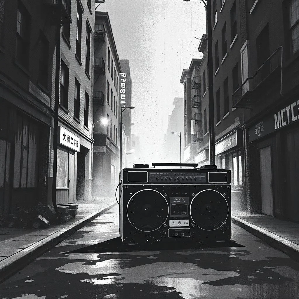 dirty back streets ghettoblaster abstract particles waves length sonic capacity black and white cube