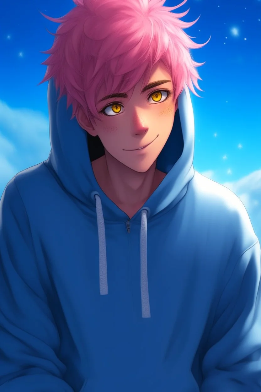 An androgynous young man with tousled pink hair and golden eyes floating among the stars wearing a light blue hoodie and black board shorts. He is smiling softly and holding a star in one hand.