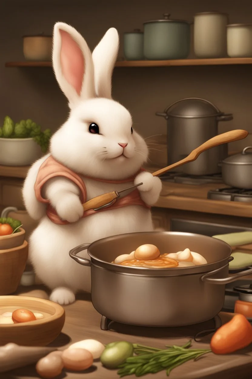 Cute chubby bunny floppy ears adventurer dnd cooking art realism