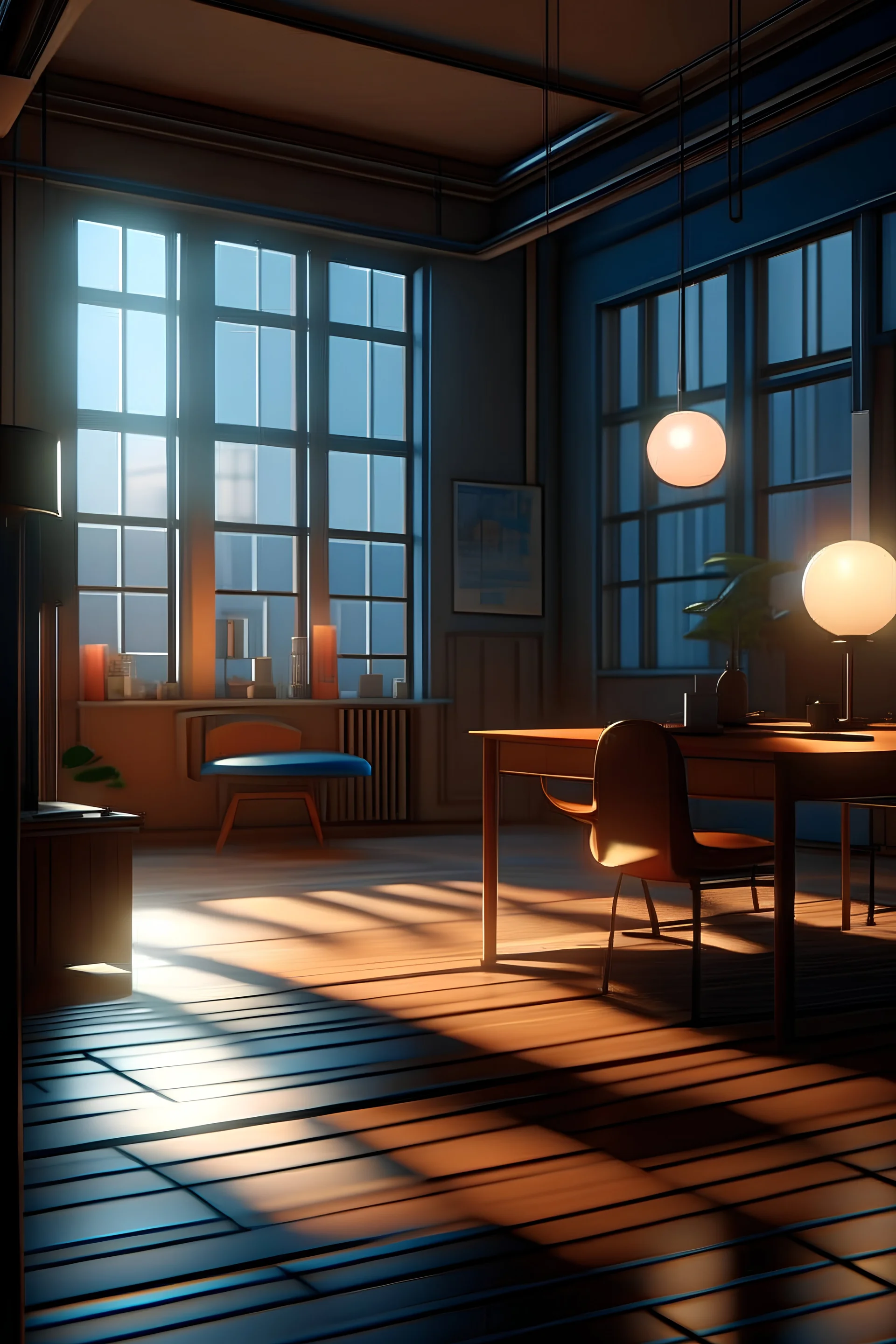 Scene, realistic photo, Edward Hopper style, retro futuristic, concept art, smooth, unreal engine 5, god lights, ray tracing, RTX, lumen lighting, ultra detail, volumetric lighting, 3d.