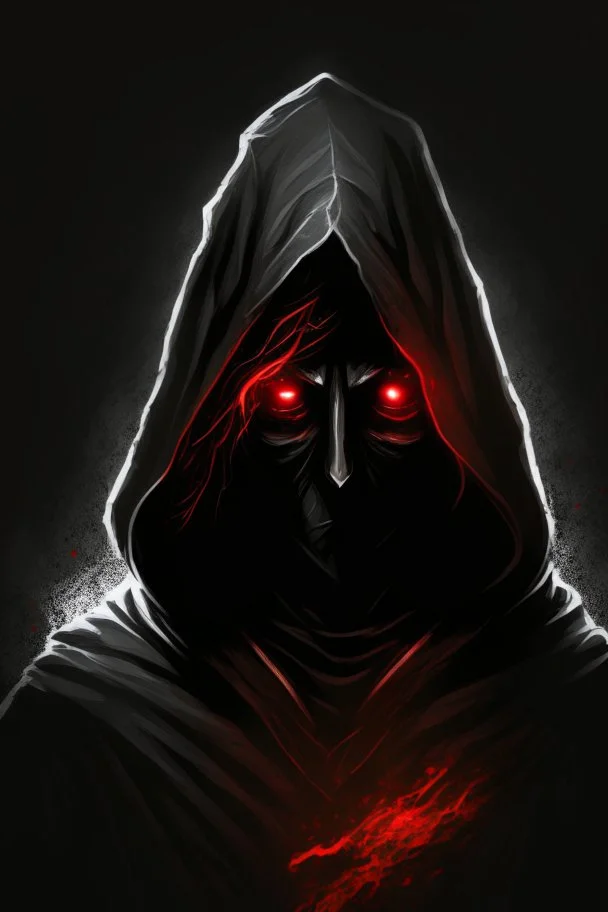 Dark sorcerer, black robe, not visible face, comic style, red eyes