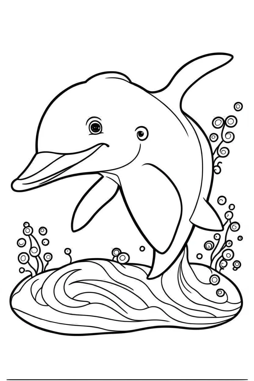 cute coloring page, sketch style, cute baby dolphin in the sea, cute cartoon, white and black, withe background, no shadows, outline.