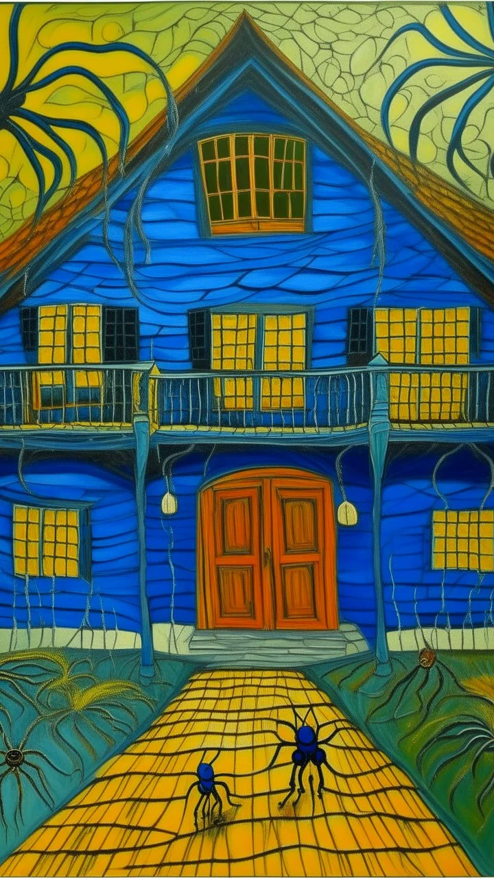 A blue house with speedy spiders designed in Mexican folk art painted by Vincent van Gogh