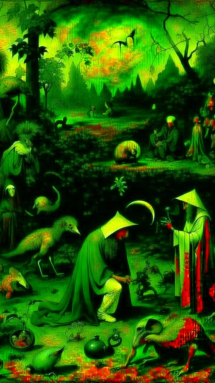 some mysterious figures, odd background, cinematic, Hieronymus Bosch, Max Ernst, vegetal life, rotten, ambient light, cry, ritual, surreal, animals