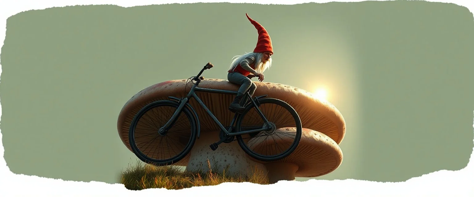 style John Atkinson Grimshaw,3d airbrush render, cut out darkling slender gnome on huge bike on huge mushroom with bright aura , pinhole cam, airbrush 3d rendering, torn edges on border