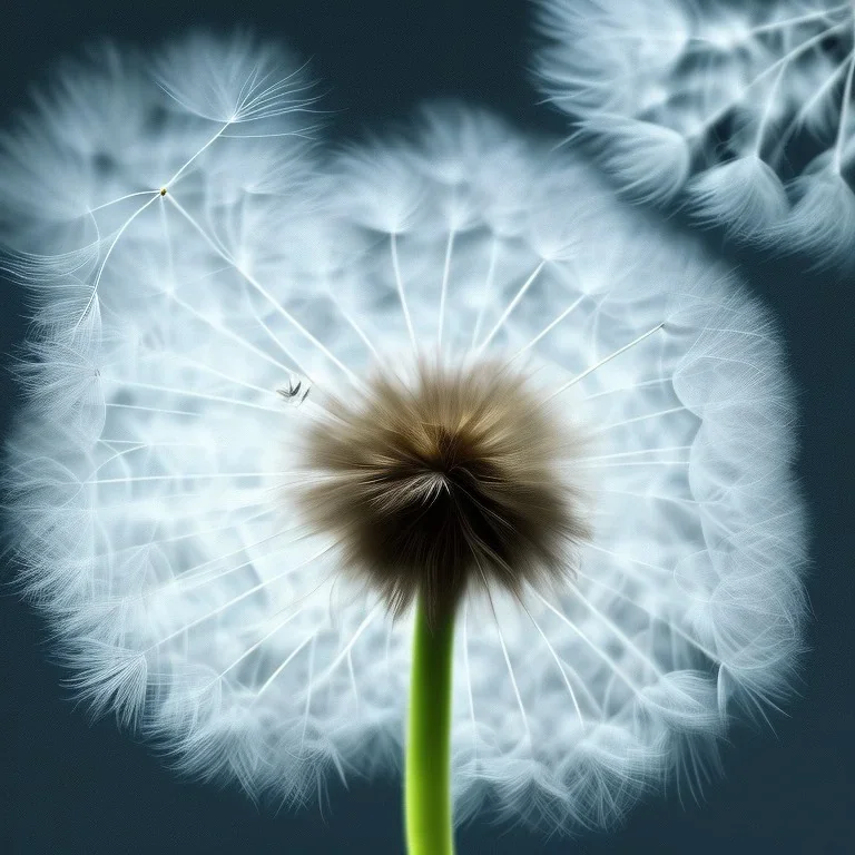 a small, fluffy dandelion on fire at the middle left part of the picture, dreamlike minimalist art with a lot of white space around it