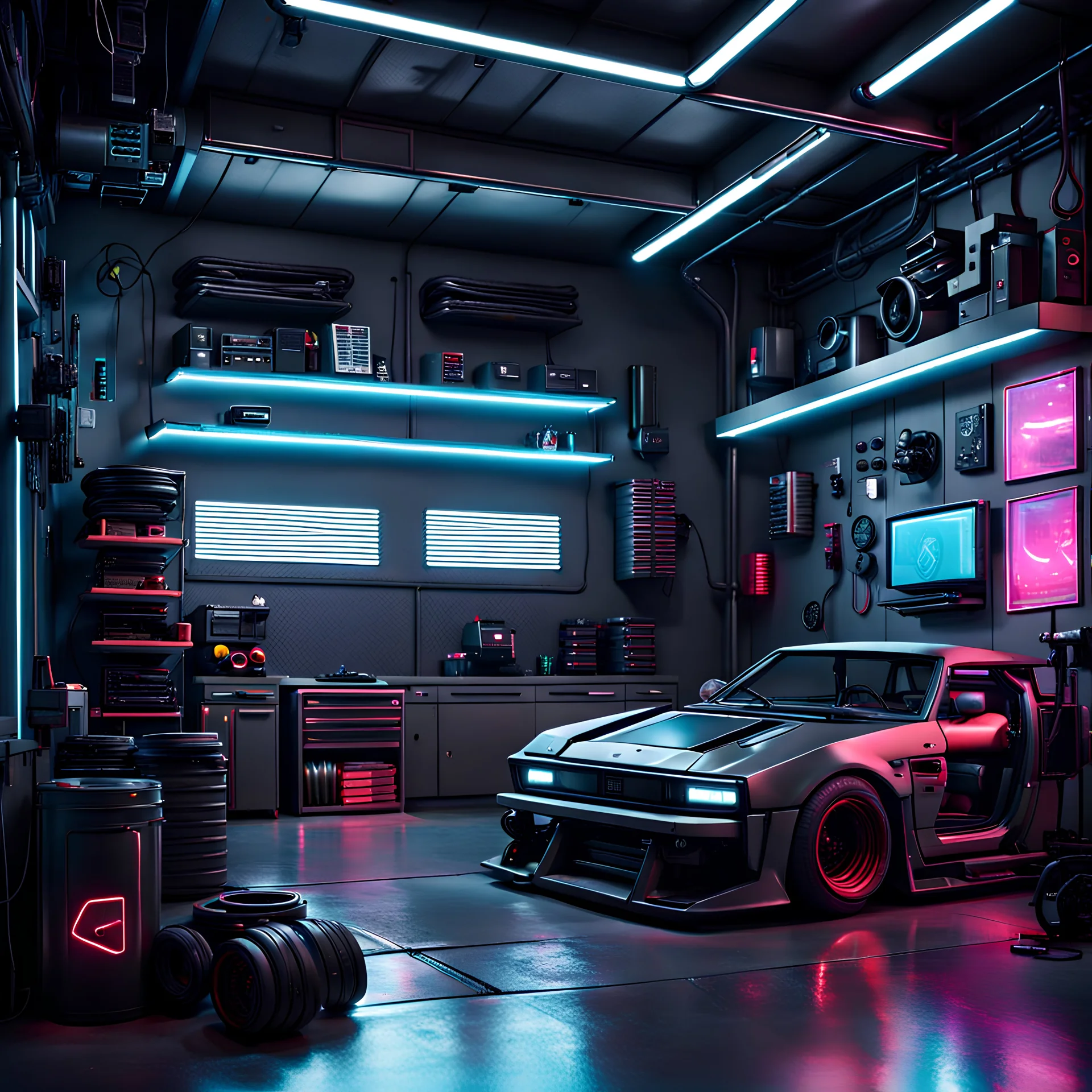 cyberpunk garage, minimal, clean layout