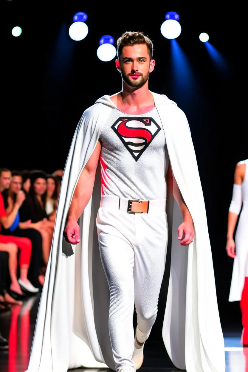 A guy on a fashion runway with Kryptonian Superman design clothes white tones