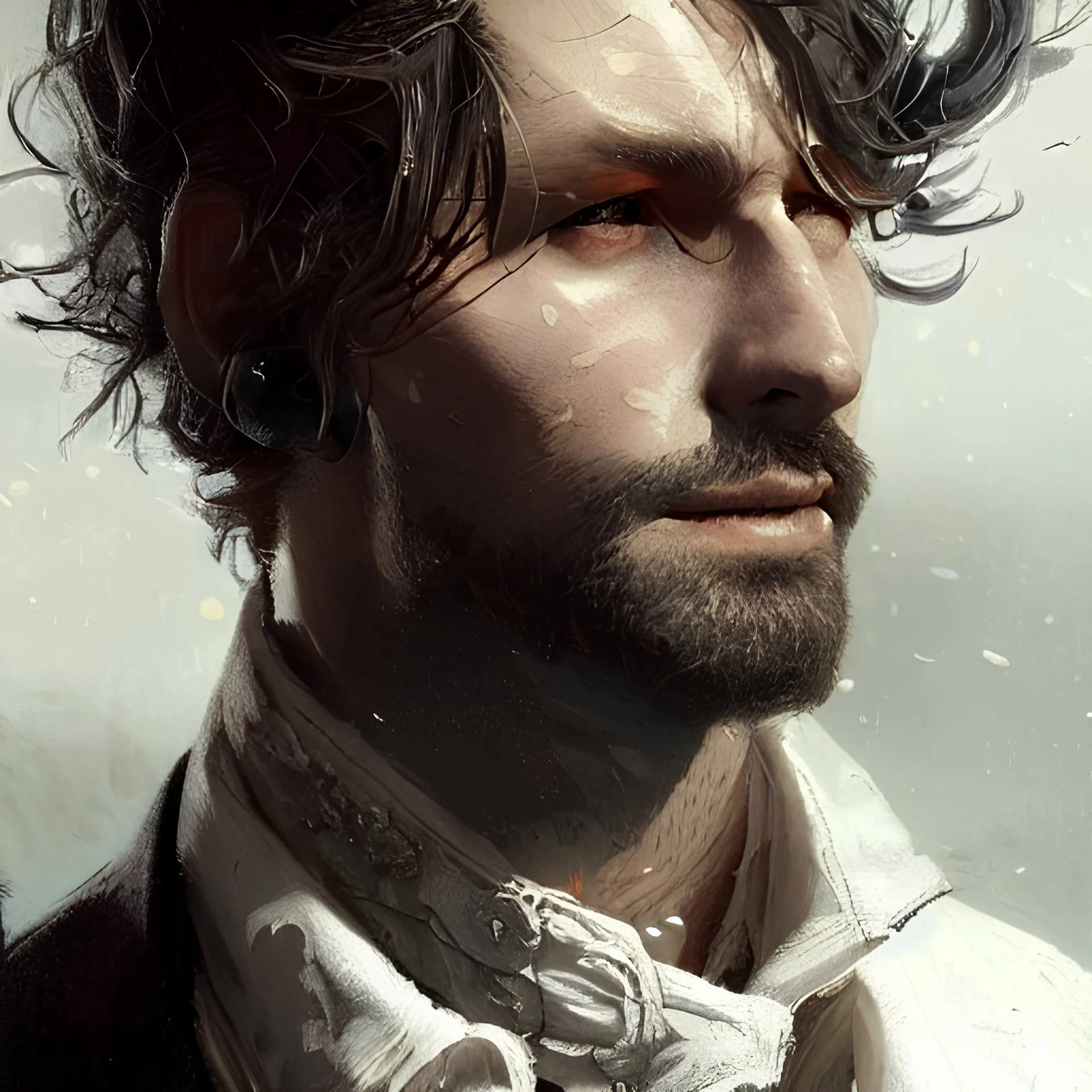 portrait of a rockstar man with jacket, victorian, concept art, detailed face, fantasy, close up face, highly detailed, cinematic lighting, digital art painting by greg rutkowski