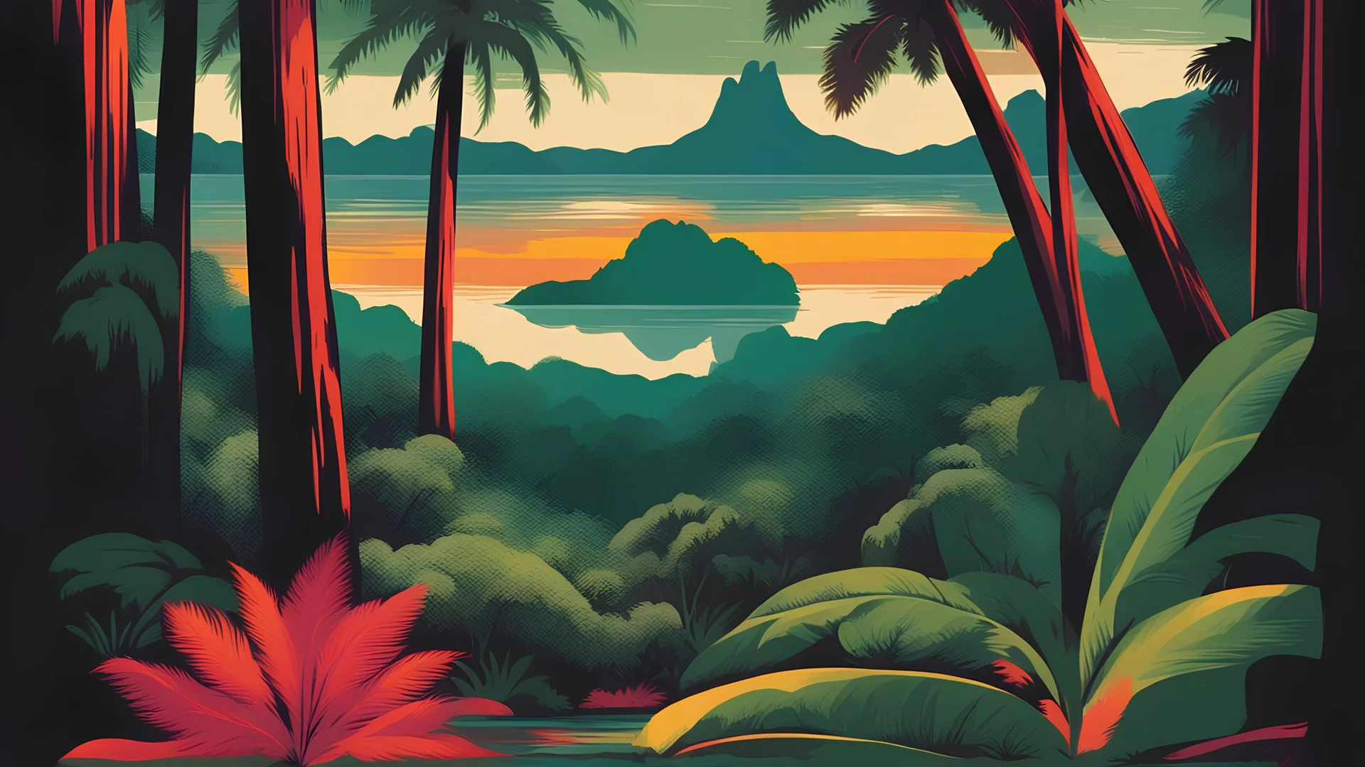 Brazilian rainforest beautiful artistic vintage poster in the style of USA national park posters colorful graphic design