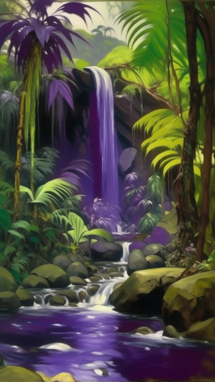 A purple jungle with waterfalls painted by John Singer Sargent