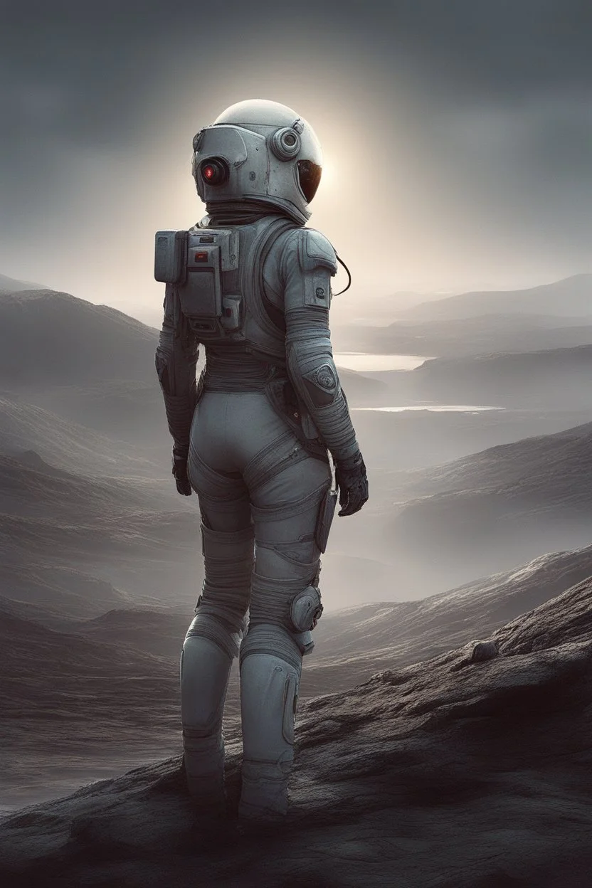 [scifi, spacesuit woman] Who was I? Where was I?… The landscape was totally unknown to me, even my body was unfamiliar. What forces brought me here? I searched my mind for memories… There was something there, but it was too clouded… A name… I scanned the horizon. A distant structure rose out of the mists. As evening approached I came upon an enigmatic oasis with a fountain.