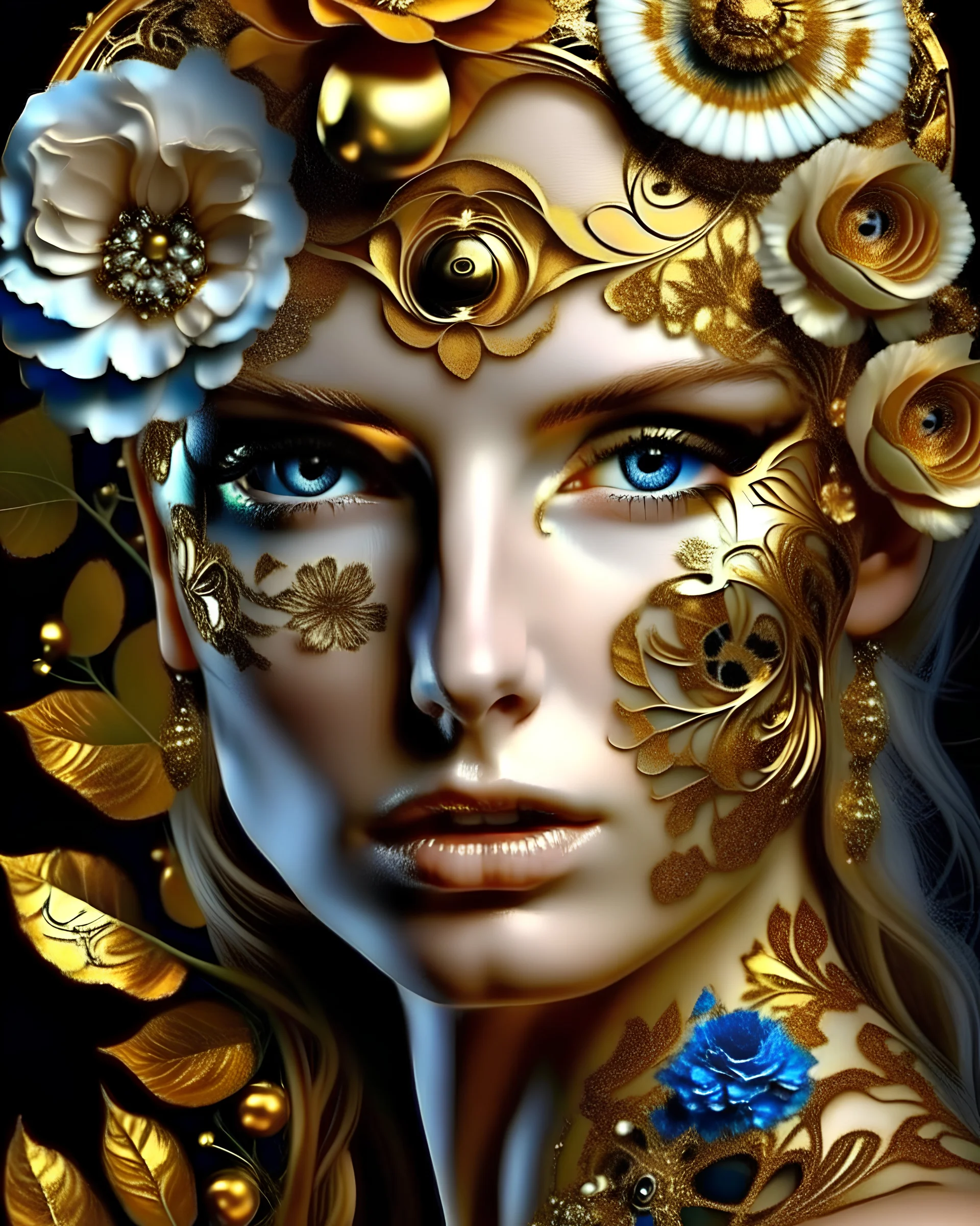 Beautiful face of European woman with voidcore shamanism collage metallic filigree abstract, a portion of her face is art decaden embossed florql t angel , and a portion of her face is stylish flowers metallic filigree foulard print, a portion of her face is gold wooden filigree tqttooed and a portion of her face Is palimpsest stripes, degrade print fantasy background, masterpiece, portrait