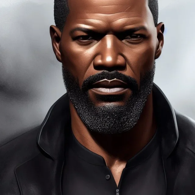 "MIddle aged black human male, with a trimmed but uneven beard, piercing eyes with slick back hair, full-scale head and shoulders portrait, 8k resolution concept art portrait by Greg Rutkowski, Artgerm, WLOP, Jaime Foxx dynamic lighting hyperdetailed intricately detailed Splash art trending on Artstation triadic colors Unreal Engine 5 volumetric lighting Splash art fantasy"