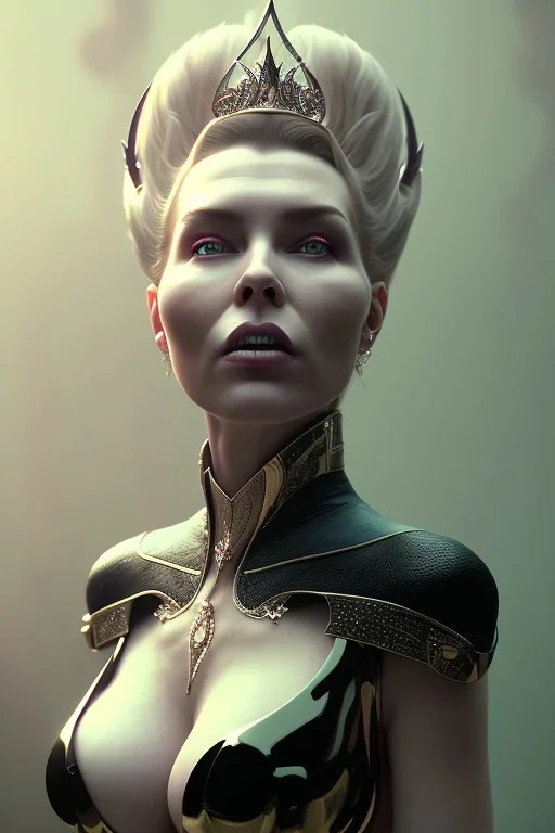 Hannah Waddingham as evil queen in black leather, busty, cleavage, voluptous, rebecca Welton, angry, stern look. character design by cory loftis, fenghua zhong, ryohei hase, ismail inceoglu and ruan jia. unreal engine 5, artistic lighting, highly detailed, photorealistic, fantasy