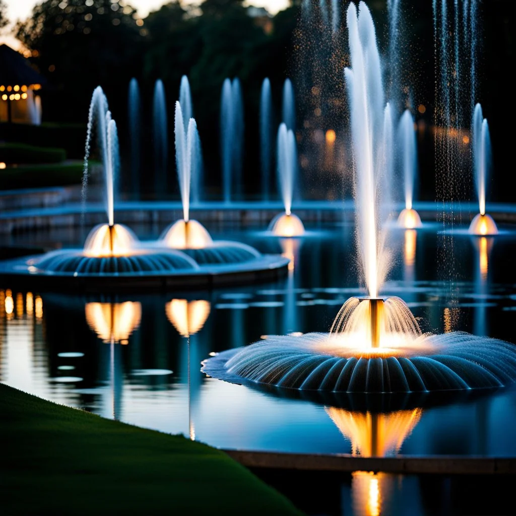 Create a scene where 16 fountains in a small sea shoot water jets in the shape of a love symbol, creating beautiful splashes in the water.