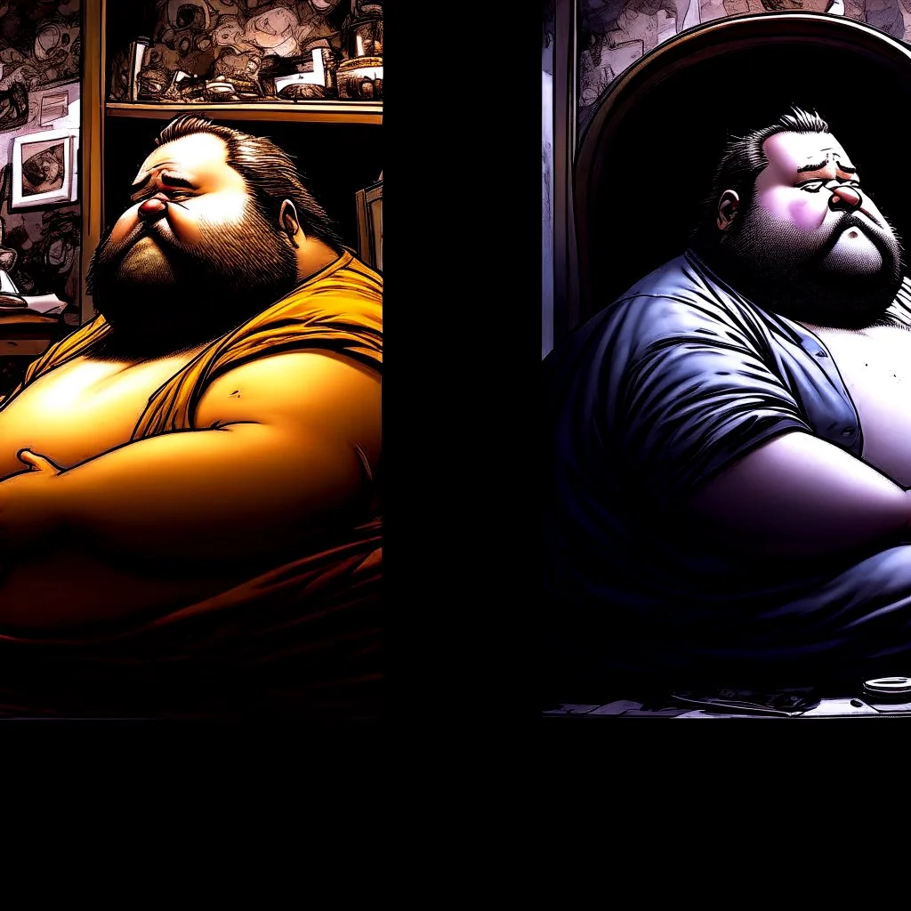 (fineart:1.5, masterpiece1.5) (realism:1.5) award winning picture of award winning fat, beardedd, 'fat man' (watching tv:1.8),,comic book panels, 50 percent is taken from the point of view of the tv, the other 50 percent is a side angle medium shot of the 'fat man'