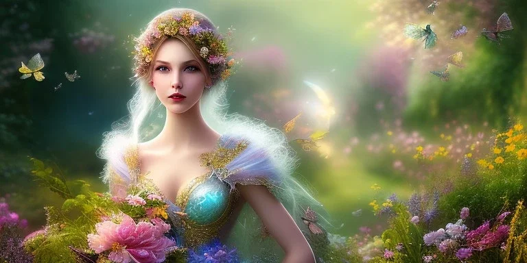 bright fairy, beautiful portrait, flowery landscape