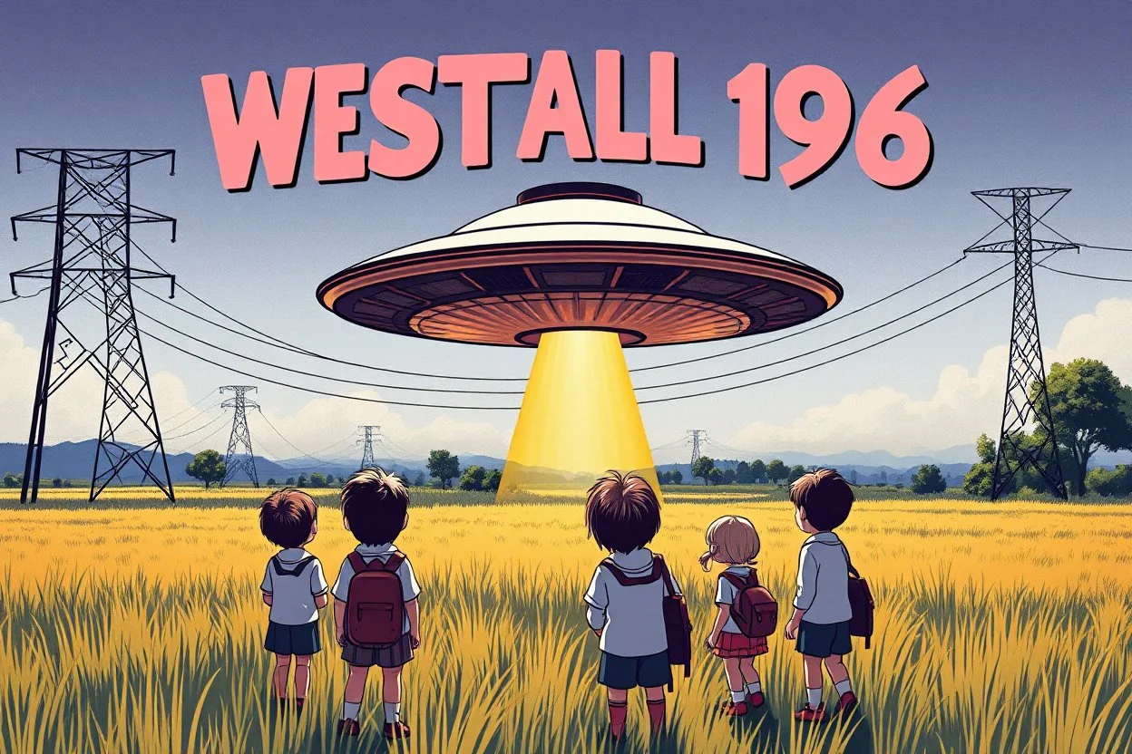 bumper sticker design, large flat ufo with small cap on top, in bold heading text "WESTALL 1966", lots of school children looking up in a field with high voltage powerline and gumtree's, mysterious cool, bold, childrens book style