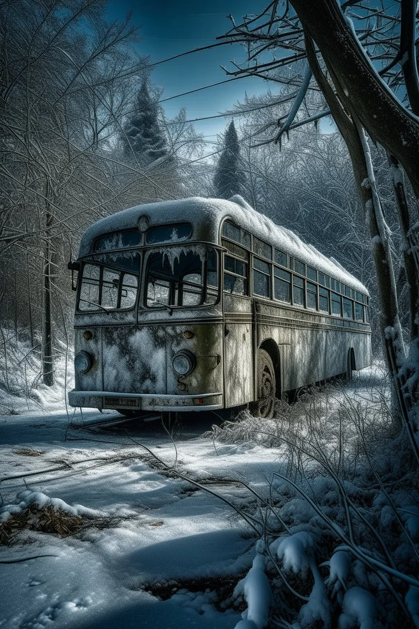 A super high-resolution 2 terapixel photograph of an abandoned bus in January. The scene captures the intricate frost formations on the bus and the surrounding trees, with a gentle snowfall adding to the winter wonderland effect. The dim winter light creates a mystical ambiance around the bus formations. Captured with a Nikon Z7 II and a 24-70mm f/2.8 lens, focusing on the serene, frozen beauty of the park.
