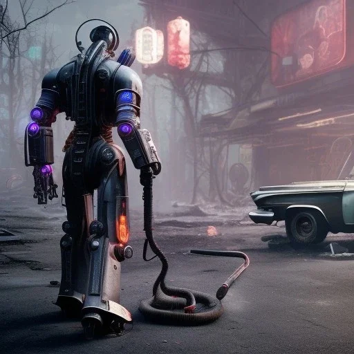 fallout 4 character in action, yohan diniz(fast walker) as robot in the streets of cyberpunk city filling up car, gaz station, unreal, spray paint, clay, vox model