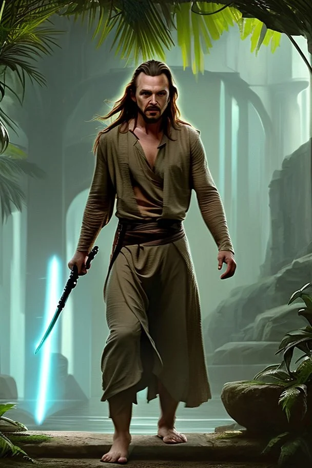 Step into the captivating photograph, where the legendary Qui-Gon Jinn, a wise Jedi Master, commands attention! With astonishing hyper-realism, Qui-Gon, in the prime of his 20s, wears an intriguing scifi-inspired outfit. The backdrop features a lush and vibrant jungle, adding a sense of mystery and adventure to the scene.