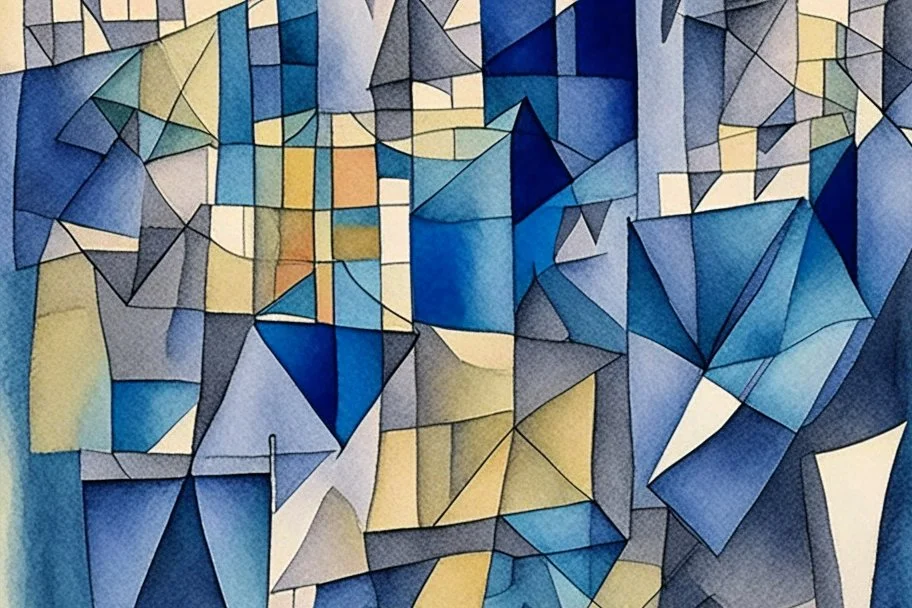 Capture the essence of a Paul Klee painting where vibrant geometric shapes seem to dance across the canvas, their bold colors and intricate patterns intertwining to create a sense of joyful chaos and harmonious energy. Watercolour in blue and grey