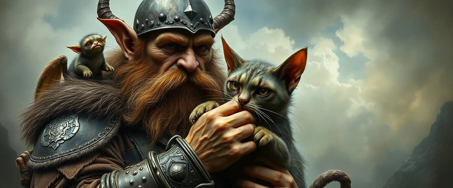 pin hole camera picture, master oil painting by Rembrandt, fantasy orc soldier holding and petting a big ugly vampire cat gremlin, goa trance poster, he has little fluffy creatures on his shoulders