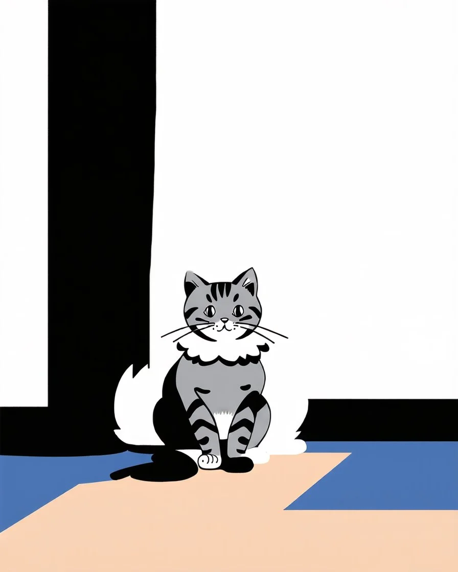 prompt : a retro-style illustrative scene in the spirit of mid-20th-century American realism, reminiscent of watercolor or gouache commercial artwork from the 1940s–1960s. The setting is a cozy indoor room with muted beige walls and a blue-gray floor. In the foreground, a gray tabby cat sits upright on the floor behind a wooden sign that reads “ROOMBA RIDES $1” in bold, vintage lettering. The cat is not on a Roomba and appears to be managing the ride service, accepting a crumpled dollar bill fro