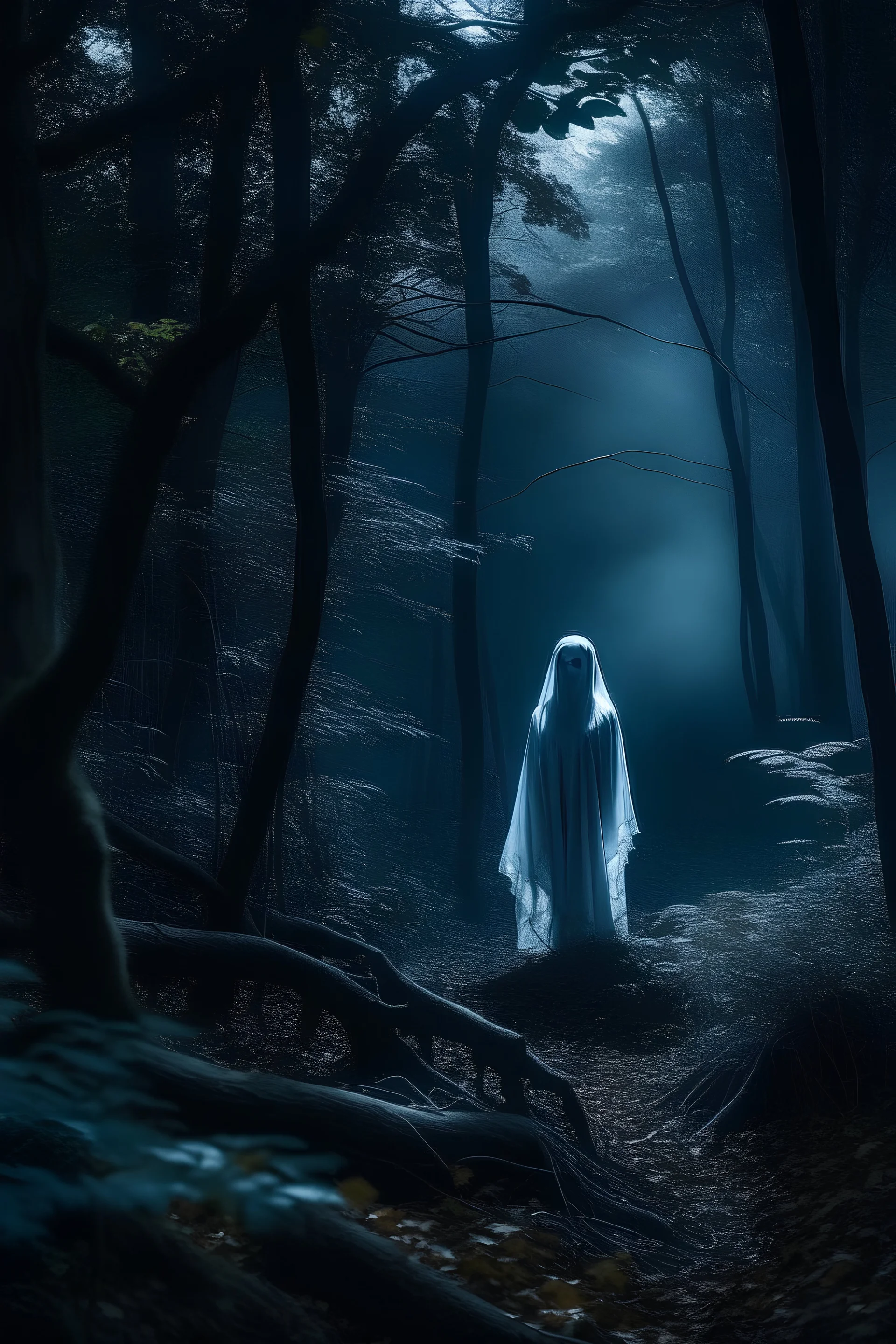 Spooky ghost in a midnight forest