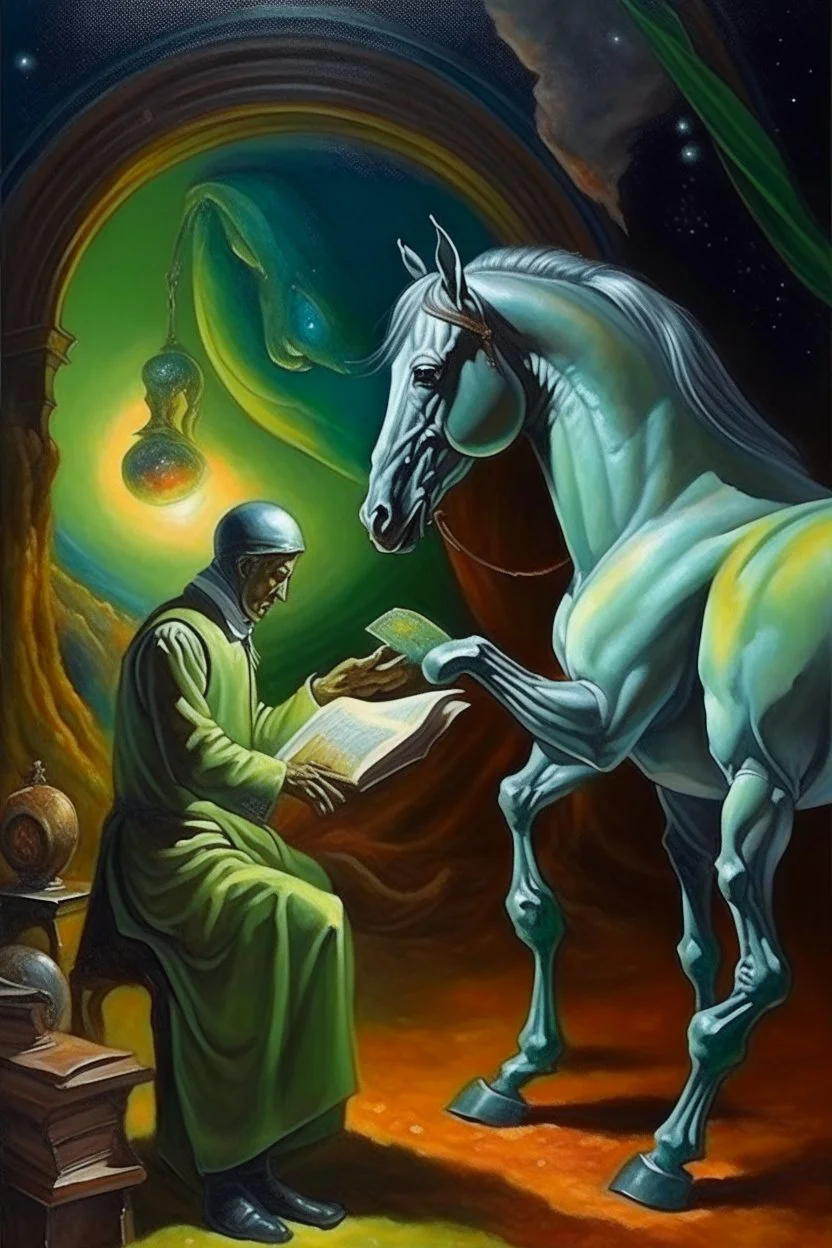 Doctor discovering alien inside horse,prize winning oil painting,book cover illustration