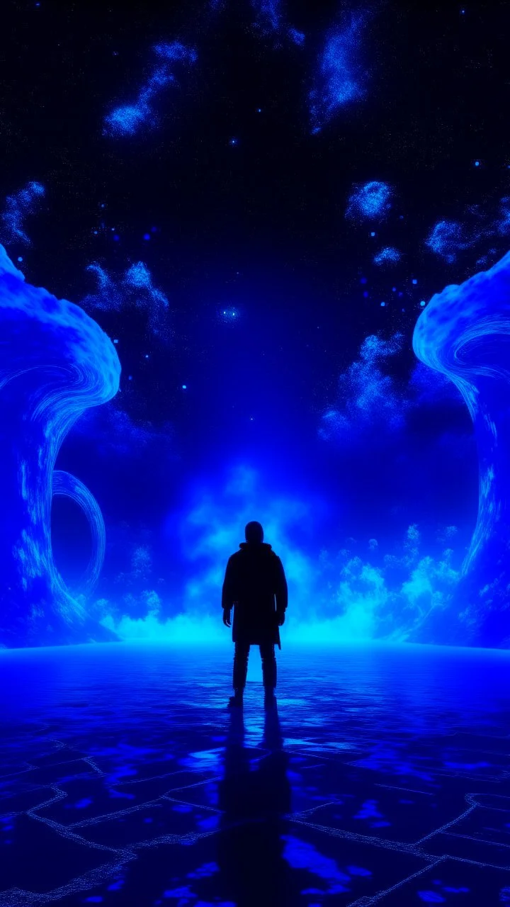 A shadow is standing in front of a Blue Galaxy inside a marble, surrounded by neon Blue and Black fog, 3D, trippy, spooky. Stunning environment, beautifully lit, insanely detailed