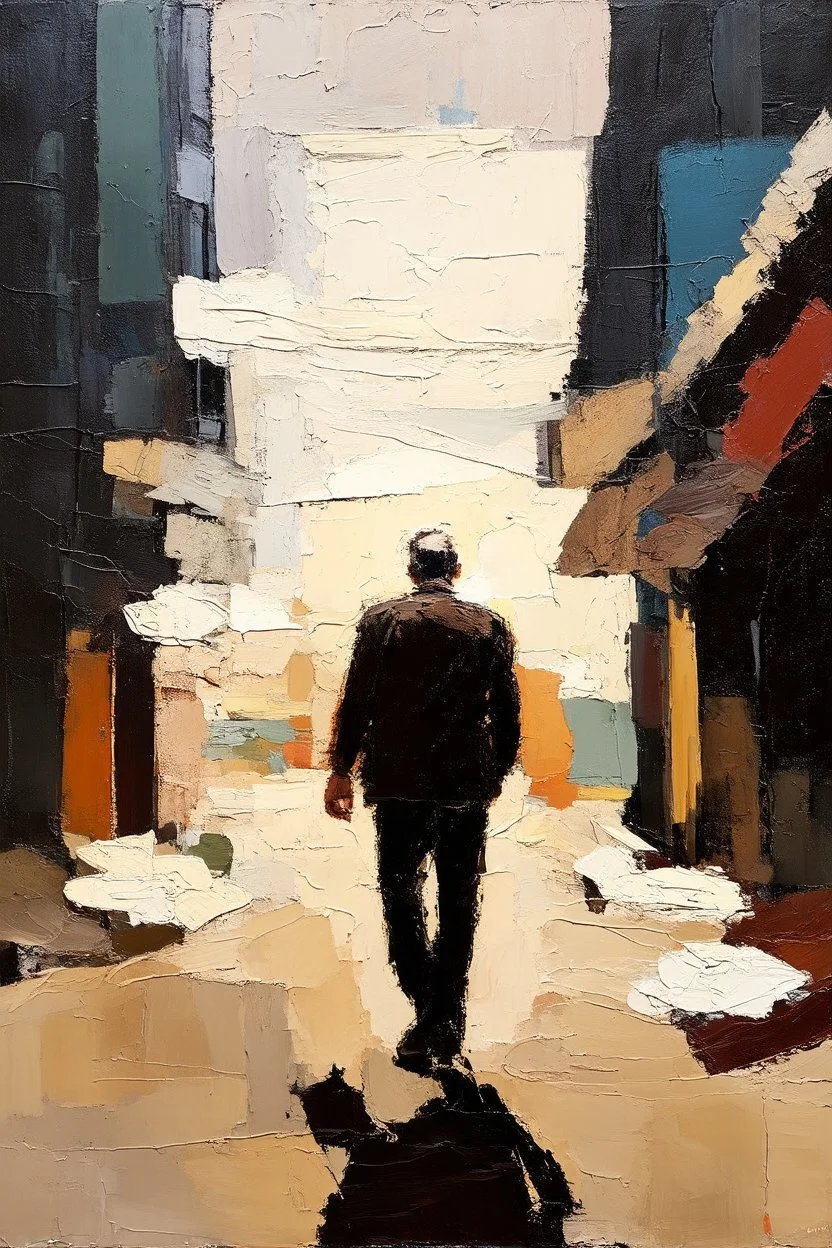 Abstract of a distant Man walking down empty street minimalist art in the style of Paul Klee with grunge textures and heavy impasto textures