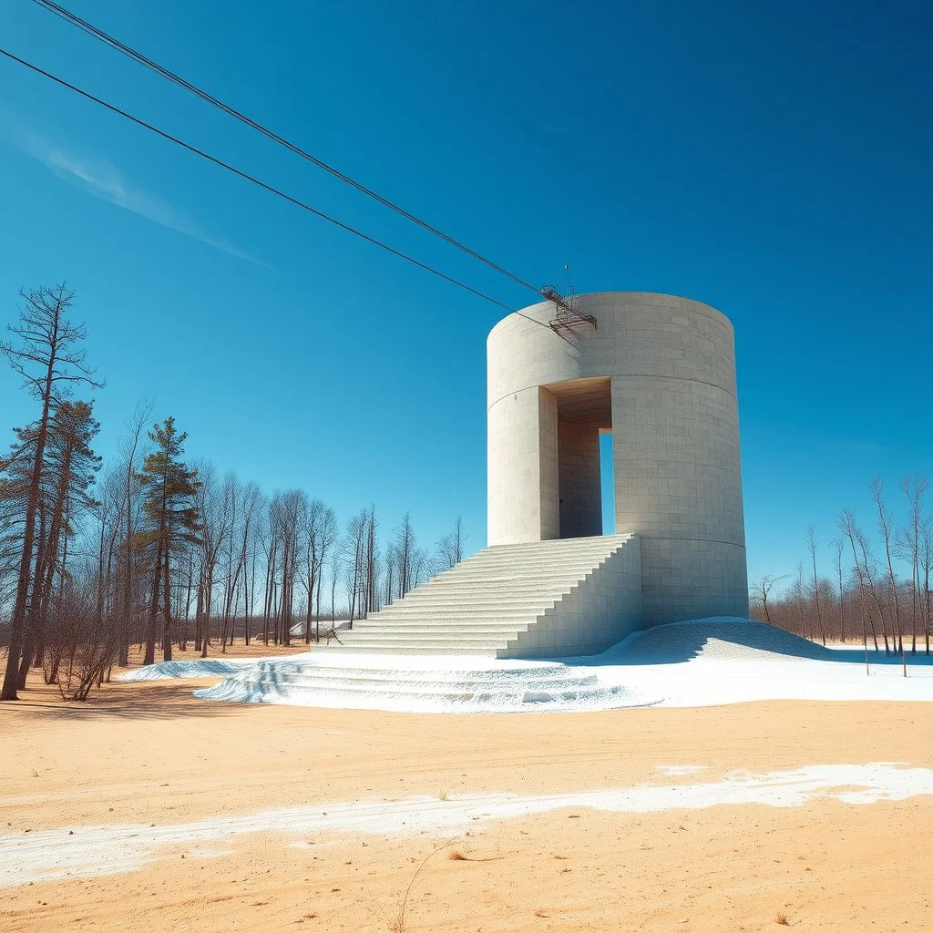 Photograph, wasteland, taiga trees, wires, bright, brutalist steps, huge cylinder, blue, daylight, all'aria aperta, icy pond, sky, polvere, open air museum style, blue, apparecchi elettronici, powder, punto giallo, minimalist, details of the dust very accentuated, deep 3d field