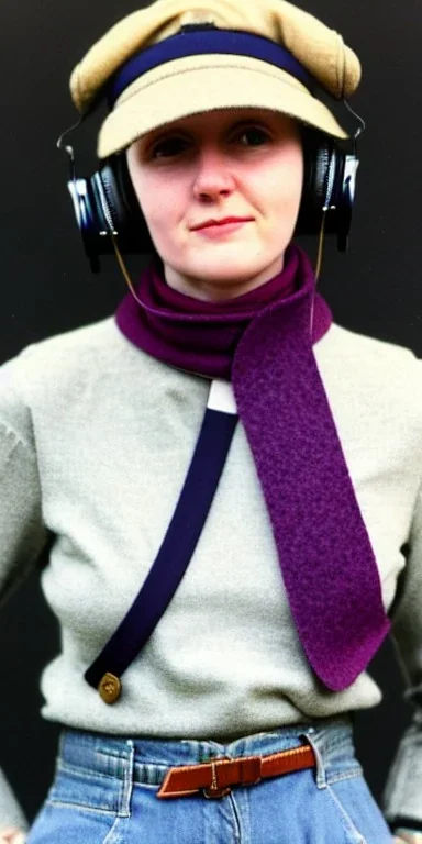 Everything she wear is in the image. of young woman, plum-blue-magenta-camouflage. She wears mantel and simple blouse.Felt cloth visor with tippet. SMALL FELT CAP is merged to Old AKG headphones with recognizable Golden rings! cloth materials are denim and felt cloth mixed. Fashion 1990's. Colors: Cream white, zinc plate, red ochre, ochre, orange - all mixed. Thick tights. Thick calves. She is in figure from top to toe.