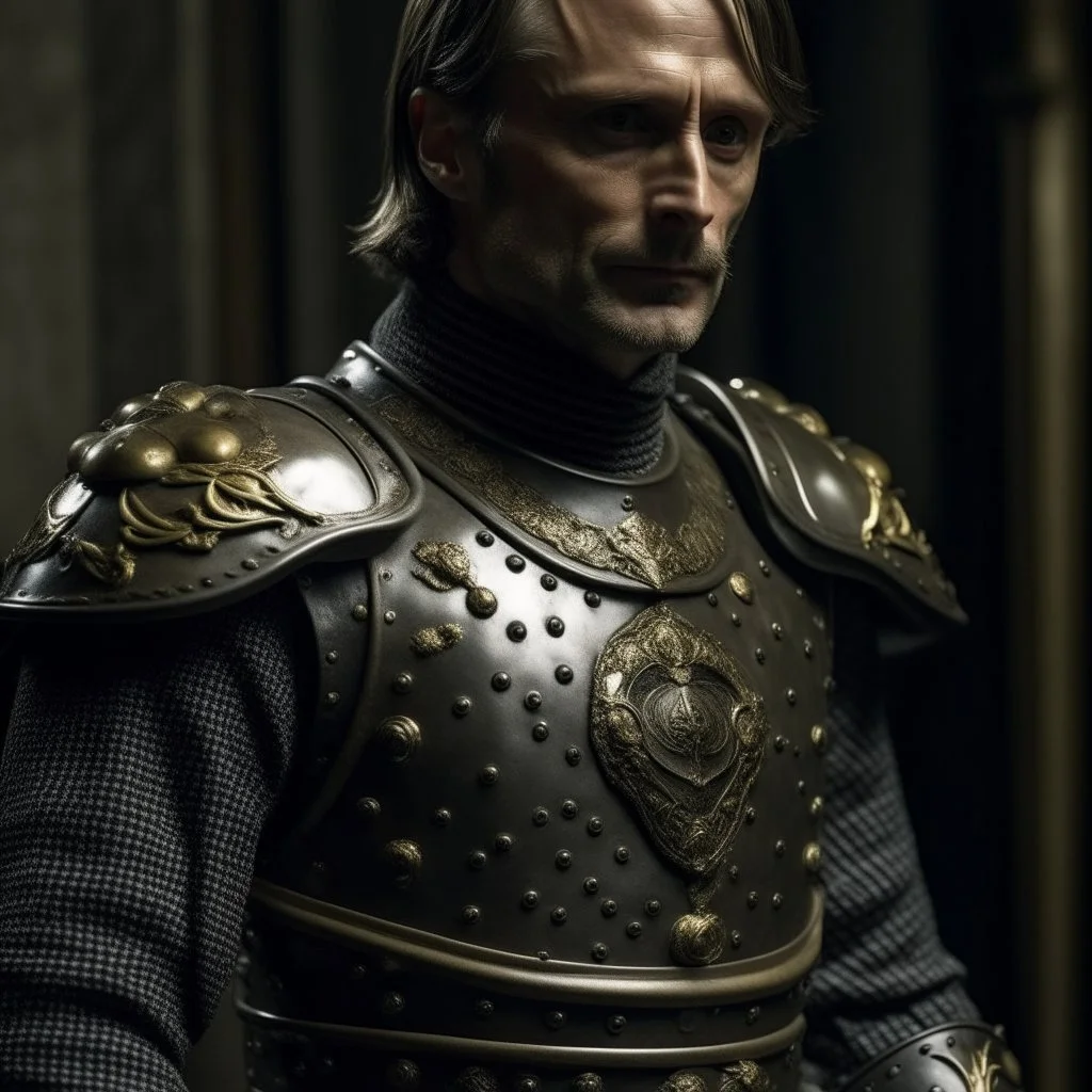 mads mikkelsen dresses in knight's armour, high quality photo