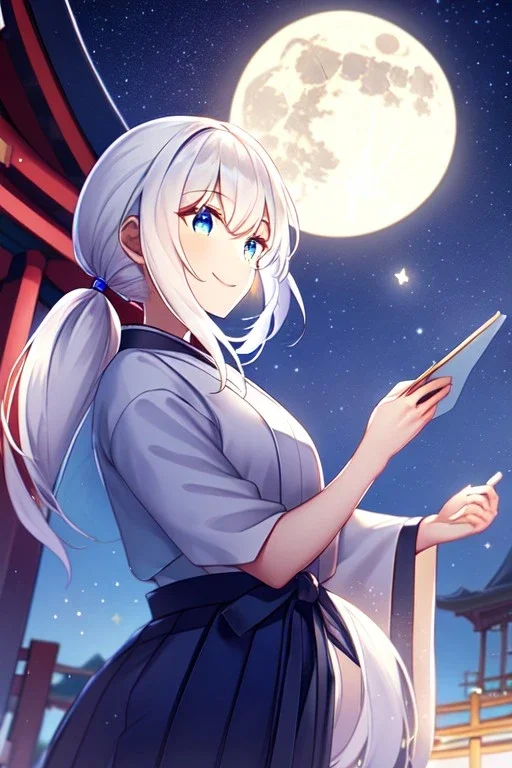 girl, masterpiece, best quality, cinematic lighting, detailed outfit, vibrant colors, perfect eyes, white hair, blue eyes, long hair, low ponytail, hakama, shrine, smile, looking down, night sky, starry sky, full moon,