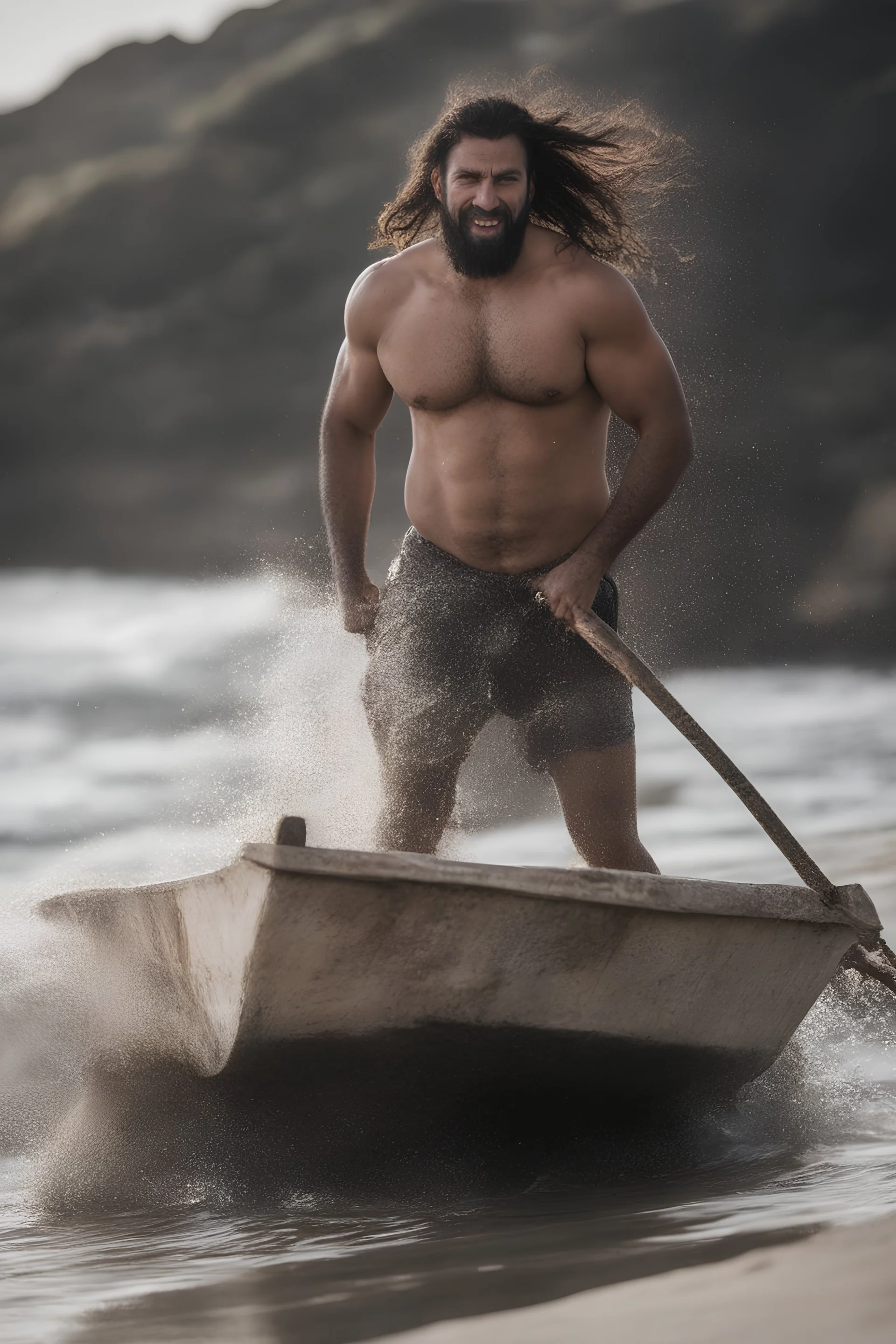 full figure shot photography of an angry strong muscular beefy burly 38 years old hairy ugly arab fisherman, short beard, dreadlocks, shirtless, manly chest, bulging swimwear, angry eyes, walking on the beach in the sun, side light, sweat and wet, ground view angle