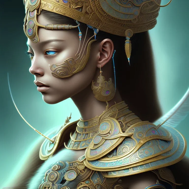 Sango fantasy, fantasy magic, intricate, sharp focus, illustration, highly detailed, digital painting, concept art, matte, art germ and Paul Lewin and Kehinde Wiley, masterpiece Mayan princess dancer head bronze feather's' Asian Latin girl nice breast brown Thai hair turquoise silver blue sky