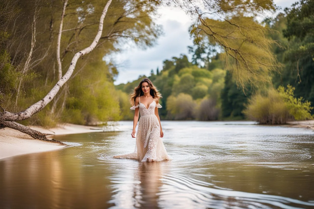 beautiful girl in pretty dress walking in water toward camera in trees next to wavy river with clear water and nice sands in floor.camera capture from her full body front