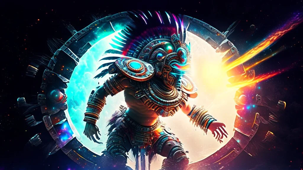 photorealistic Aztec warrior cyborg marauder opalescent space gigantic monster, interstellar galactic particles stream event horizon, entering a quantum wormhole with great exoplanet crashing, blackhole