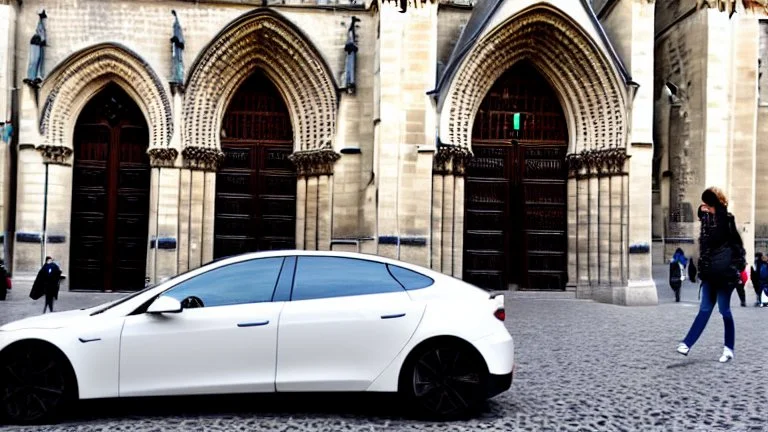 A Tesla's 'Model S Plaid' is doing donuts, at the Notre-Dame Cathedral, in Paris. CINEMATIC. WIDE ANGLE LENS. PHOTO REAL.