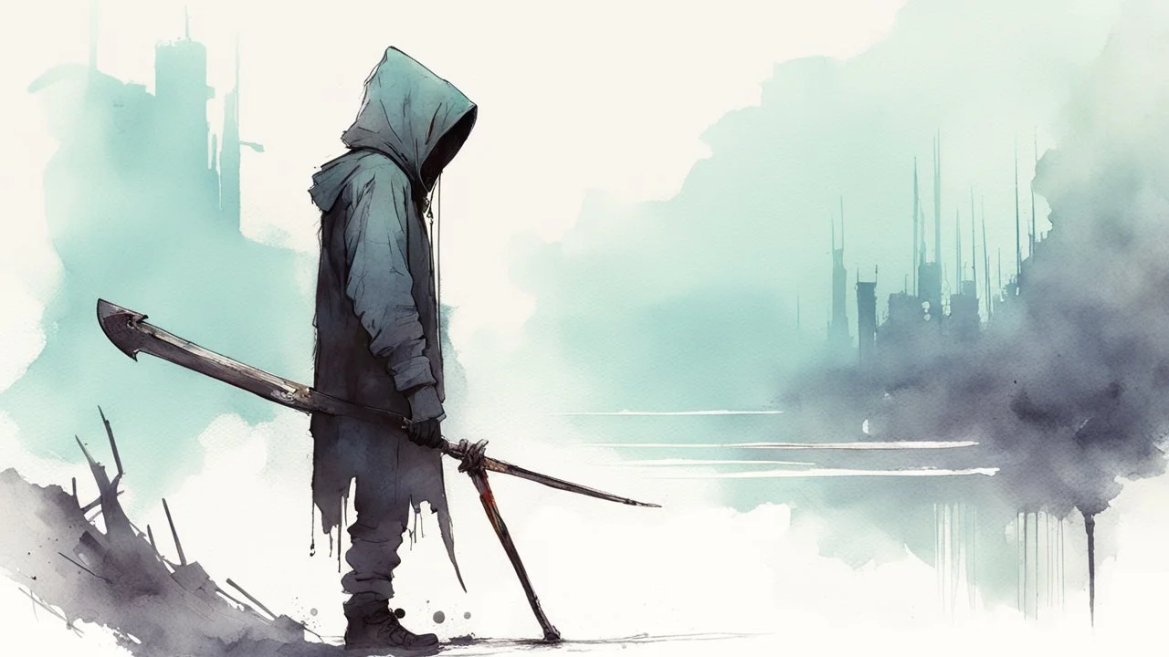 death in a hoodie and with a scythe talks to man on the remains of the world, a light watercolor sketch, by Leonid Afremov & Benedick Bana & Atelier Olschinsky & Ian McQue