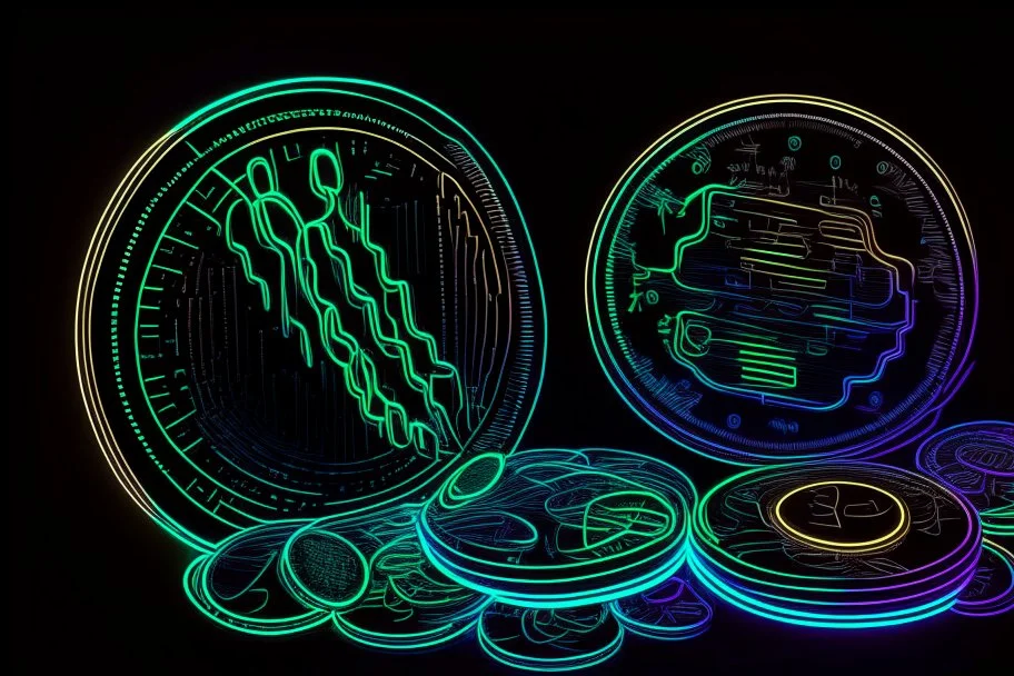 black background, outlines of a holographic graph and coins, drawn from thin neon-coloured glowing lines