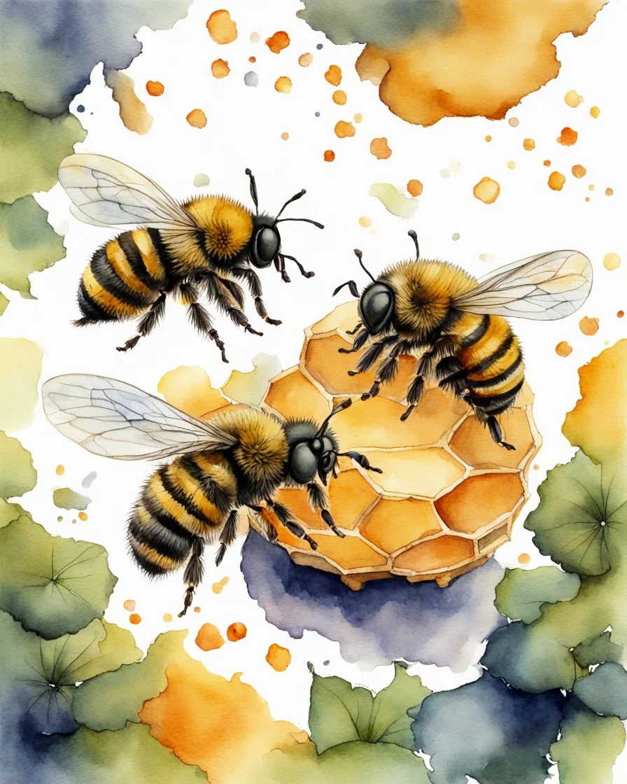 three bees flutter over the hive watercolor drawing