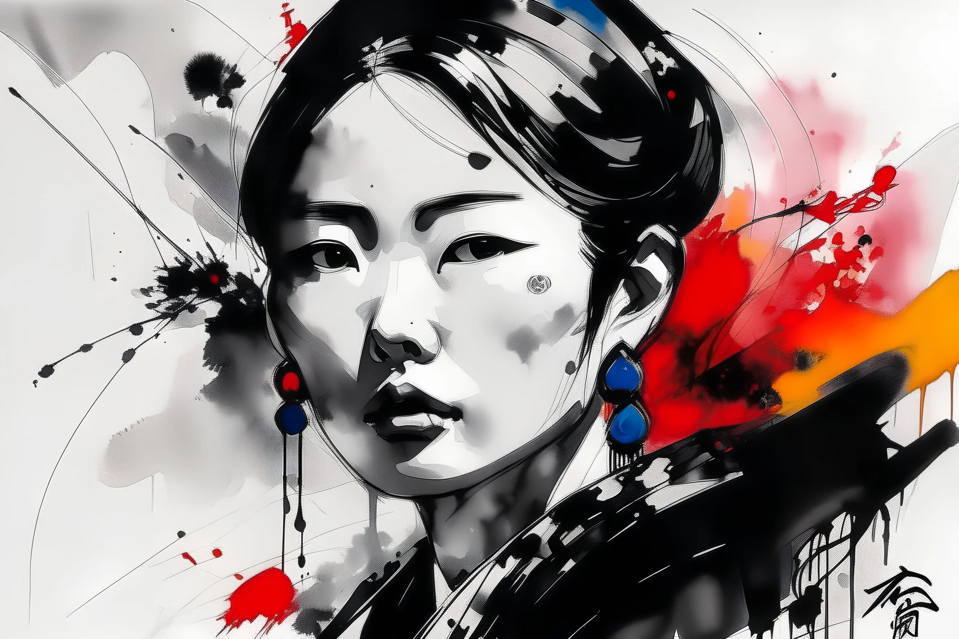 a portrait that embodies the traditional monochrome ink technique of Chinese painters from the era prior to 1912. Use the energy and vitality of vibrant hues but should not be associated with any modern game or artist's splash art. The portrait should demonstrate a masterful fusion of black and white ink techniques with the energy of bright, vivid colors. Importantly, the artwork should maintain a unique identity apart from any recognizable modern game or contemporary art style